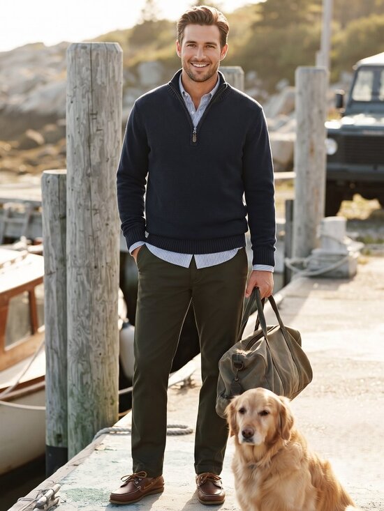 L.L. Bean Other - L.L.Bean Men Medium Sweater Navy Blue Cotton Solid Quarter-Zip Heritage Knitwear